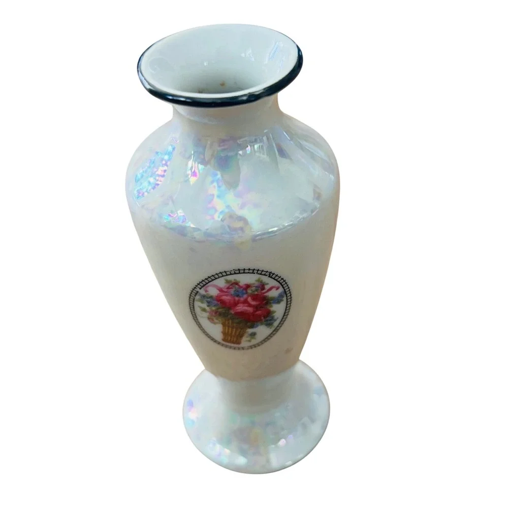 Vintage Germany Iridescent Lusterware Miniature Bud Vase Floral Basket Design